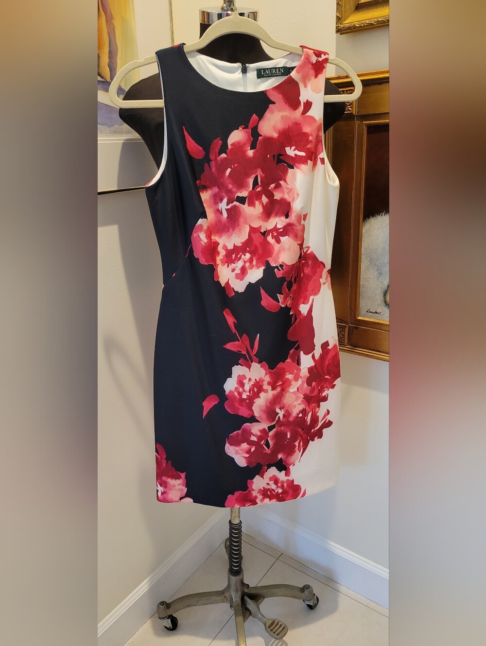 Ralph Lauren 8 Sleeveless Shift Dress.Navy w Bright Fuschia Pink Floral/Zip Back